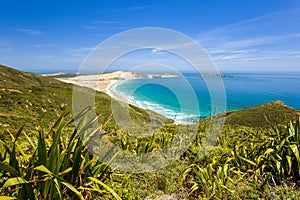 Stunning wide angle view of Cape Reinga, the northernmost point of the North Island of New Zealand