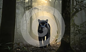 Stunning wild black jaguar walking in the jungle at sunrise. Amazing wildlife. Generative Ai