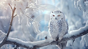A stunning wildlife winter wonderland with a copied space snow bird and a white winter owl resting on a tree limb in a winter snow photo