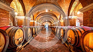 Beautiful wine cellar with wooden barrels in an old brick archway style. This is a traditional wine storage space photo