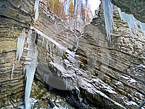 Stunning winter icicles in the Thur River canyon die Schlucht des Flusses Thur in the Unterwasser settlement, Switzerland