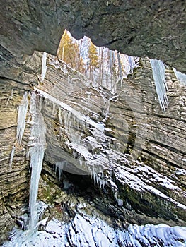 Stunning winter icicles in the Thur River canyon die Schlucht des Flusses Thur in the Unterwasser settlement, Switzerland