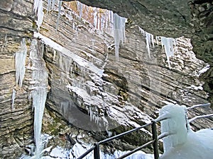 Stunning winter icicles in the Thur River canyon die Schlucht des Flusses Thur in the Unterwasser settlement, Switzerland