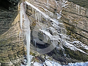 Stunning winter icicles in the Thur River canyon die Schlucht des Flusses Thur in the Unterwasser settlement, Switzerland