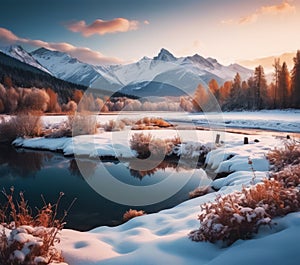 Stunning winter landscape with snow-covered mountains, a serene river in the foreground reflecting the sky's hues.