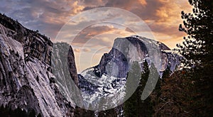 Stunning Winter Sunset Clouds on Half Dome, Yosemite National Park, California