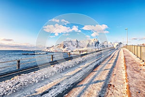 Stunning winter view on  Reine and Sakrisoya villages  and bridge to Olenilsoya island