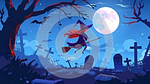 Stunning witch in spooky hat flying on broom in cemetery at night. Scary Halloween illustrations with graveyard and girl