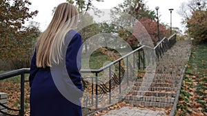 Stunning woman climbing staircase in autumn park