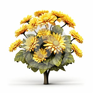 Stunning Yellow Daisy Flower With Leaves On White Background - 3d Illustration