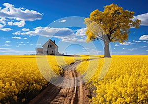 Stunning Yellow Rapeseed Field Under a Clear Blue Sky Captured in High-Resolution Generative AI Illustration