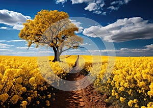 Stunning Yellow Rapeseed Field Under a Clear Blue Sky Captured in High-Resolution Generative AI Illustration