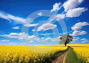 Stunning Yellow Rapeseed Field Under a Clear Blue Sky Captured in High-Resolution Generative AI Illustration