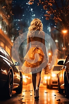 a stunning young woman in a short orange dress in the street at night, in front of a streetlights and of automobiles