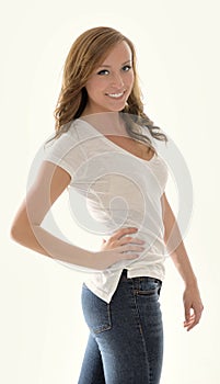 Stunning young woman in white t-shirt and jeans -