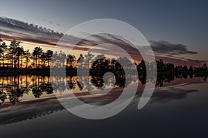 Stunningly beautiful view of the evening sky over a forest lake