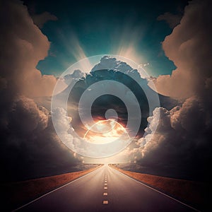Stunningly beautiful view of the road and the sky, the road going into the sky. Symbolism of the life path