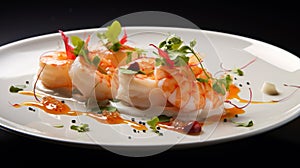 Stunningly plated seafood entree with garnishes photo