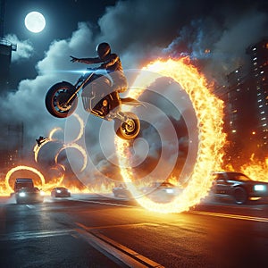 A stunt performer executing a dangerous stunt on a motorcycl j photo