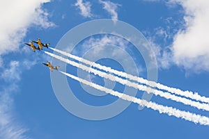 Stunt Planes RUS of Aero L-159 ALCA on Air During Aviation Sport Event