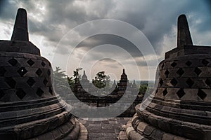 Stupa in Borobudur, ancient buddhist temple near Yogyakarta, Java, Indonesia