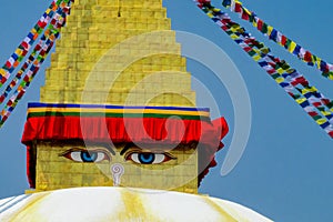 Stupa with Buddha eyes in Nepal Himalayas mountains