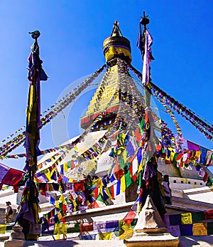 Stupa and colorful prayer flags in Kathmandu, Nepal
