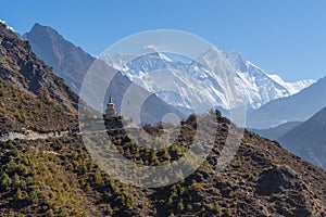 Stupa in front of Everest and Lhotse mountain