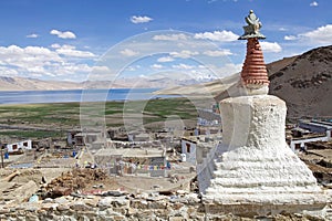 Stupa at the Karzok village on the shore of Tso Moriri Lake in Ladakh, India