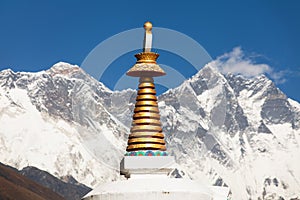 Stupa Lhotse and top of Everest from Tengboche monastery