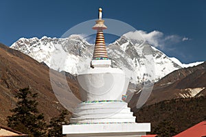 Stupa, Lhotse and top of Everest from Tengboche monastery photo