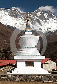 Stupa, Lhotse and top of Everest from Tengboche monastery