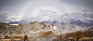 Stupa and monastery view of Himalayan mountians - it is a famous Buddhist temple in,Leh, Ladakh, Jammu and Kashmir, India.