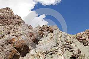 A stupa and Sedimentary rocks near Hemis monastery, Leh