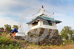 Stupa in Shad Tchup Ling Buddhist monastery on mountain Kachkanar. Russia