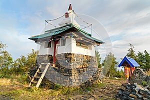 Stupa in Shad Tchup Ling Buddhist monastery on mountain Kachkanar. Russia