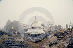 Stupa in Shad Tchup Ling Buddhist monastery on mountain Kachkanar. The Urals. Russia