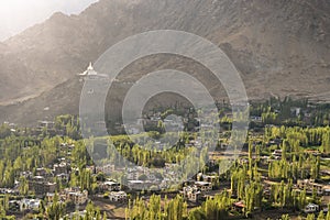 Stupa and sunlight during the sunset at Leh town.