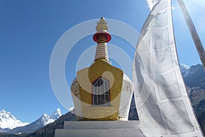 Stupa with a white flag, Namche Bazaar, Everest Base Camp trek, Nepal