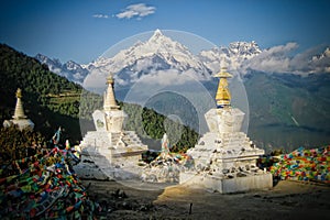 Stupas Infront of Sacred Buddhist Meili Mountain