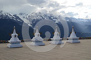 Stupas Infront of Sacred Buddhist Meili Mountain