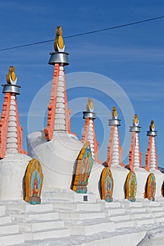 Stupas of a small wooden monastery
