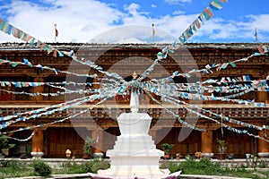 Stupas with Tibet flag in a temple