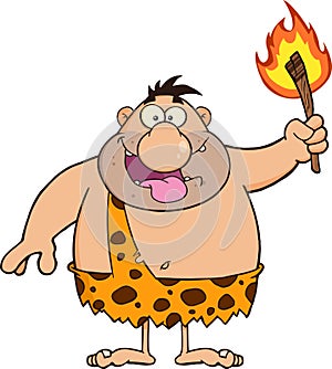 Stupid Caveman Cartoon Character Holding Up A Fiery Torch