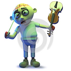 Stupid undead zombie monster pokes his eye with a violin bow, 3d illustration