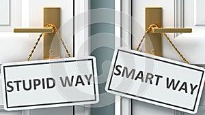 Stupid way or smart way as a choice in life - pictured as words Stupid way, smart way on doors to show that Stupid way and smart