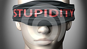 Stupidity can make things harder to see or makes us blind to the reality - pictured as word Stupidity on a blindfold to symbolize