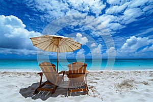 Sturdy Beach chairs umbrella. Generate Ai photo