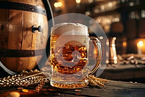 Sturdy Beer barrel and mug. Generate Ai photo