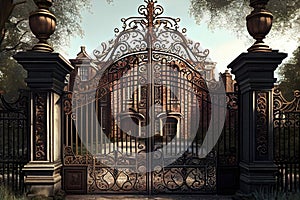 sturdy iron gates, with artistic scrollwork and detailed ornamentation, standing guard over grand manor house